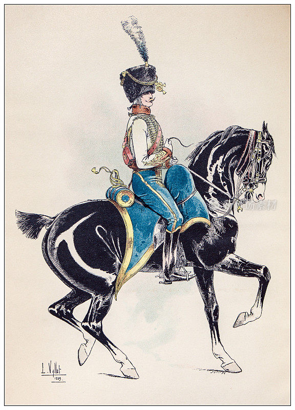 马、骑士和骑兵的古董插图:Hussar (1806)